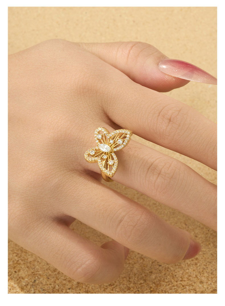 Fashionable, light luxury, dynamic butterfly opening ring, copper alloy, real gold electroplated, slightly inlaid zircon, exquisite adjustable ring pic 13