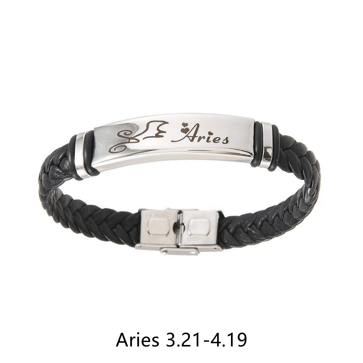 TEMU European and American cross-border personalized 12 zodiac leather woven stainless steel bracelet, elegant black accessory bracelet pic 13