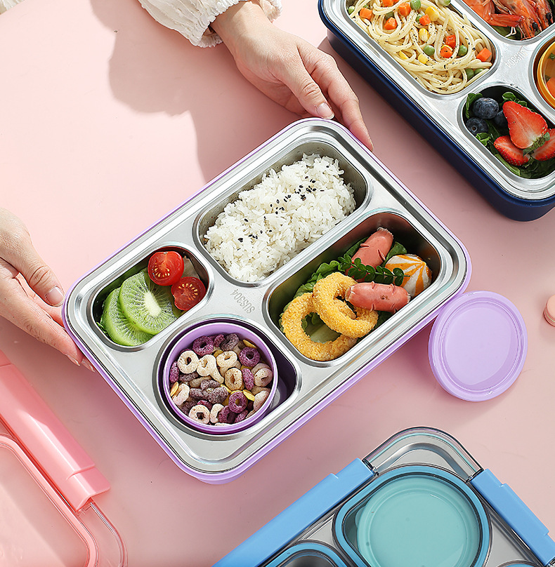 Cross-border best-selling independent sealed stainless steel 4-compartment lunch box with bowl, no cross-flavor student white-collar lunch box pic 7