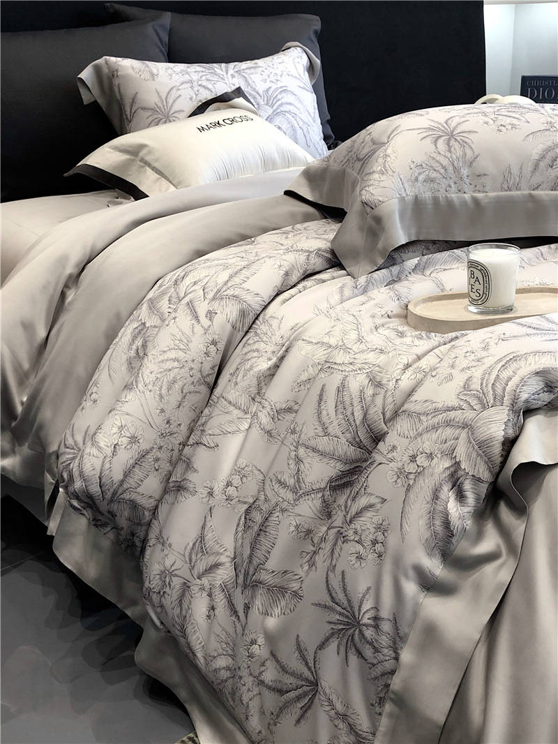 Cool ultra-fine denier Tencel summer light and cool condensation filament four-piece set, elegant printed sweat-absorbing nude bedding pic 9