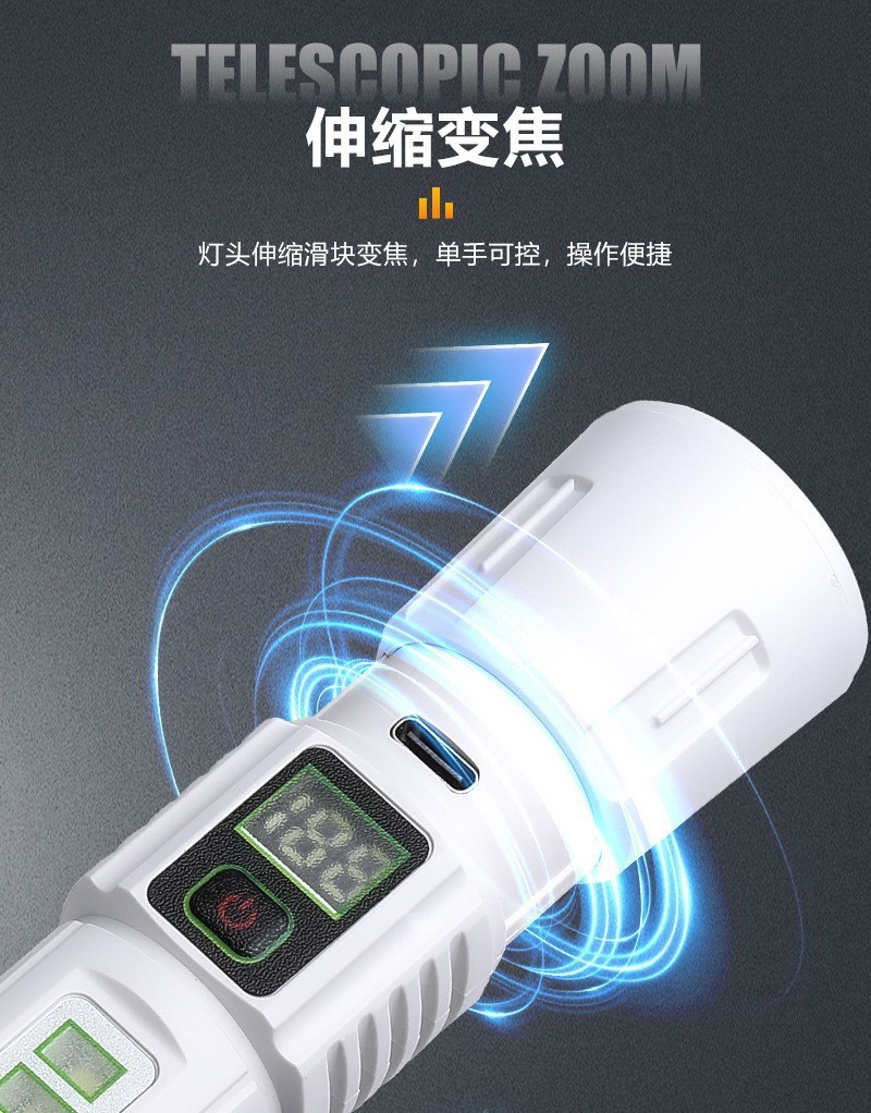 跨境新款多功能户外照明手电筒便携带挂钩数字电量显示COB侧灯详情4