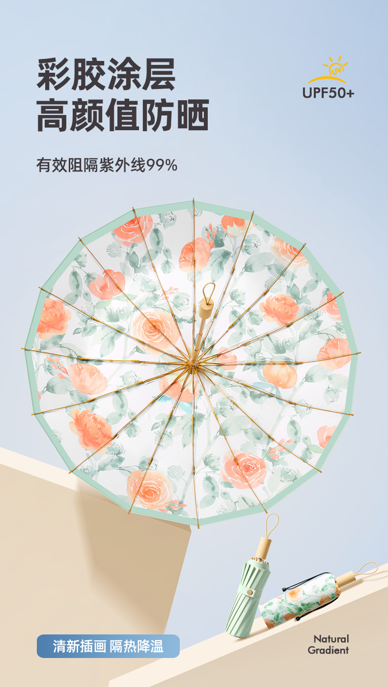 16骨实木彩胶雨伞全自动晴雨两用防晒防紫外线折叠女高级感太阳伞详情1
