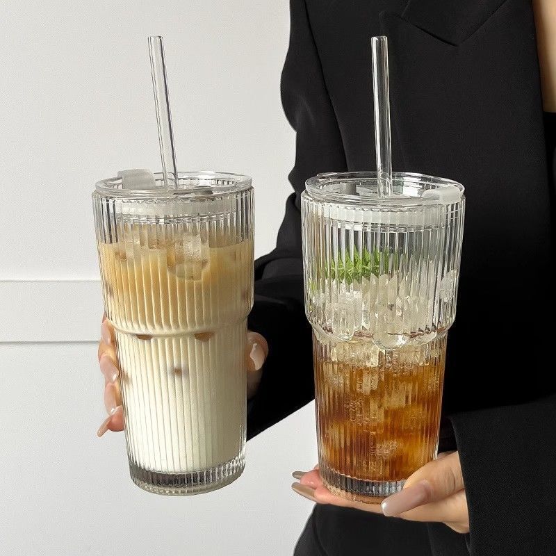 Free shipping, Ins-style glass cup, high appearance level, straw cup, large-capacity vertical pattern water cup, cold drink, juice and coffee cup with lid pic 1