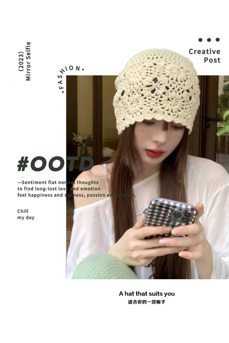 A collection of Japanese-style hand-woven headscarves, thin, hollowed-out woolen hats for women, and retro and artistic knitted hats pic 3