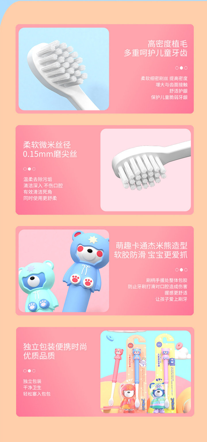 儿童牙刷软毛家用3-6-9-12岁卡通杰米熊小头孩子细毛牙刷厂家批发详情22