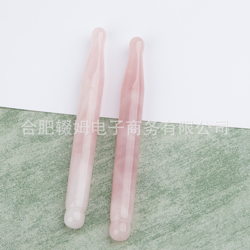 批发外贸天然粉晶玉石按摩器脸部面部刮板质感温润手工打磨穴位笔详情13