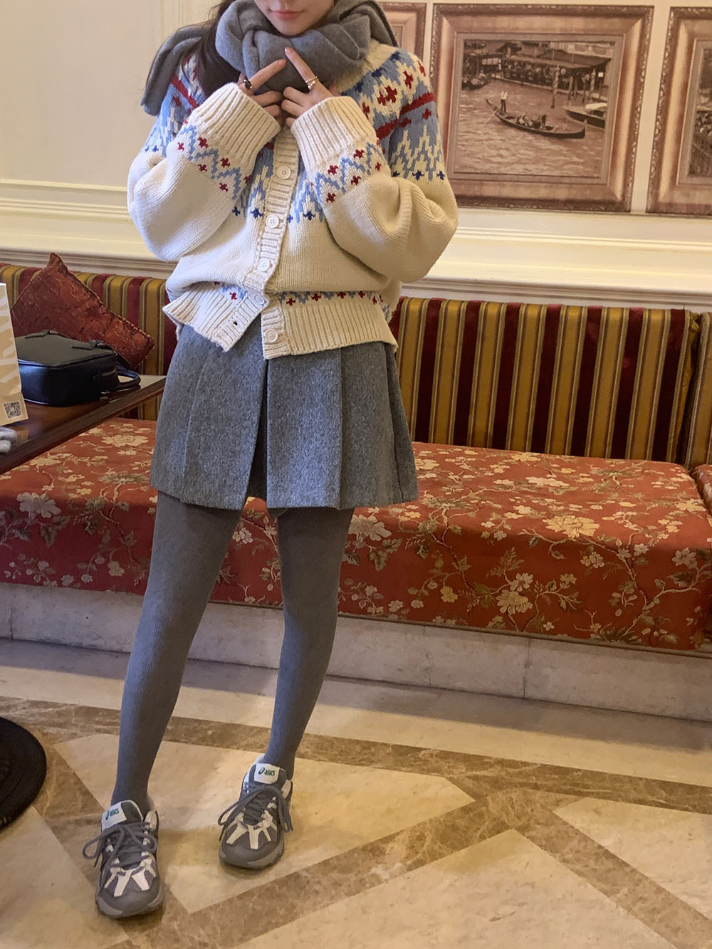 费尔岛复古美式少女撞色波普提花单排扣针织开衫厚实保暖毛衣外套详情46