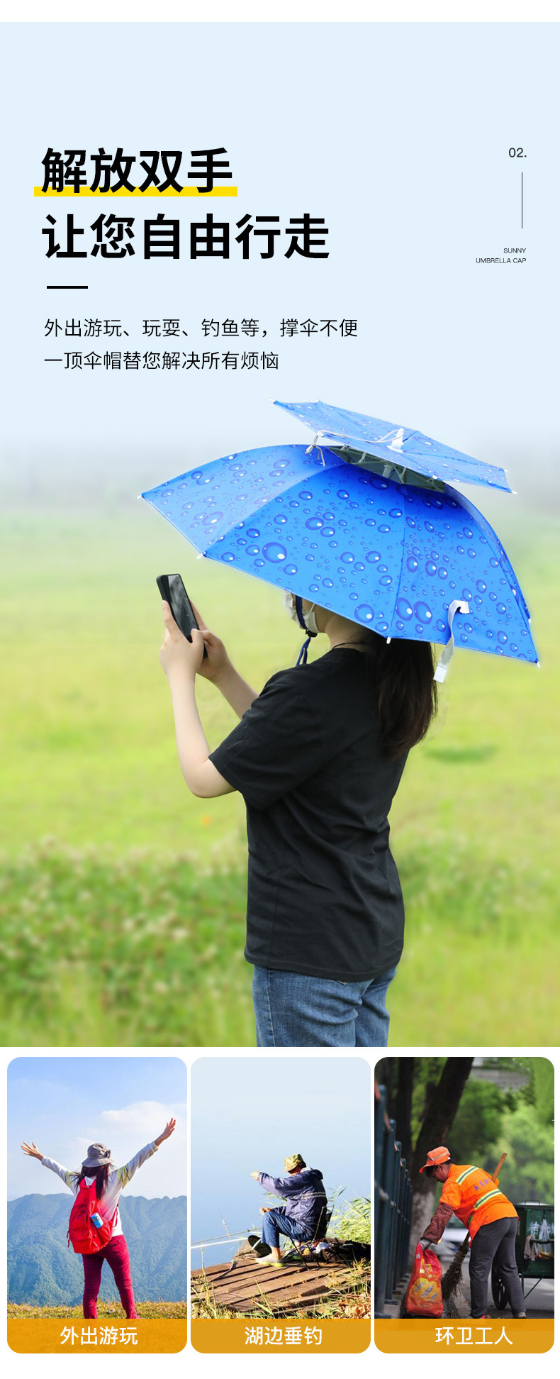 可收纳头戴式雨伞帽遮阳防晒折叠户外伞双层透气大号钓鱼伞详情9