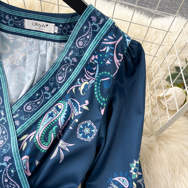 Cross-border 2024 new French high-end one-piece lace-up waist print dress, a light luxury and elegant long dress for women pic 7