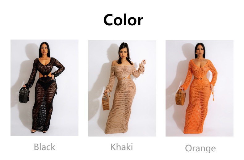 亚马逊速卖通欧美女装性感镂空针织连衣裙夏季深V沙滩罩衫长裙详情3