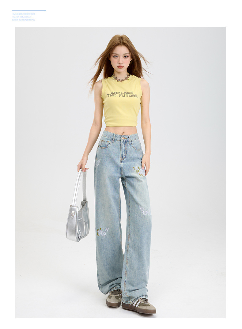 稚橘#中国风蝴蝶刺绣阔腿牛仔裤女宽松显瘦设计感时尚百搭拖地裤详情10