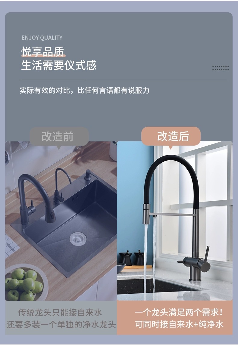 跨境304不锈钢三合一枪灰厨房抽拉龙头冷热直饮水净水器菜盆龙头详情2