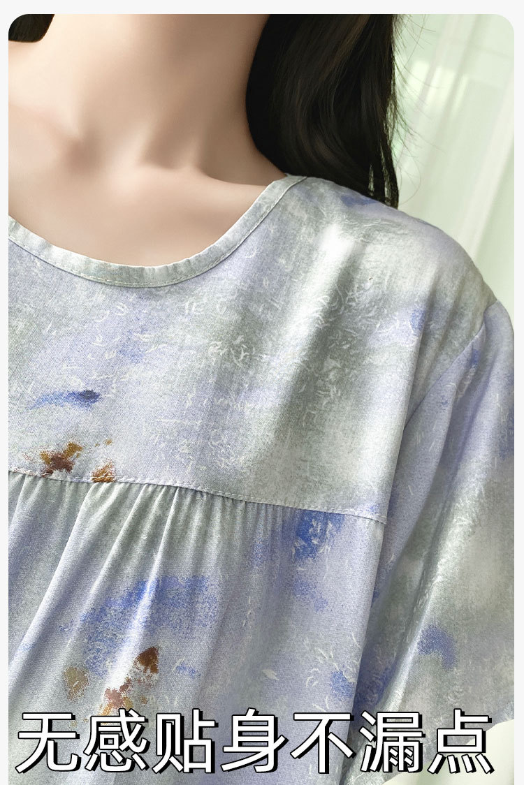 Summer cotton silk belt cushioned nightgown for middle-aged women, short sleeves for mothers, 45-piece artificial cotton home wear, pajama skirt pic 7