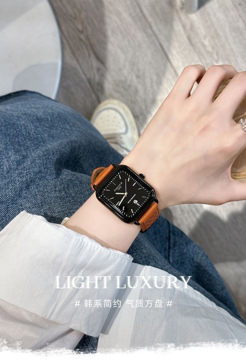 手表女士2024新款轻奢日历小众方形休闲时尚气质精致皮带腕表男女详情1