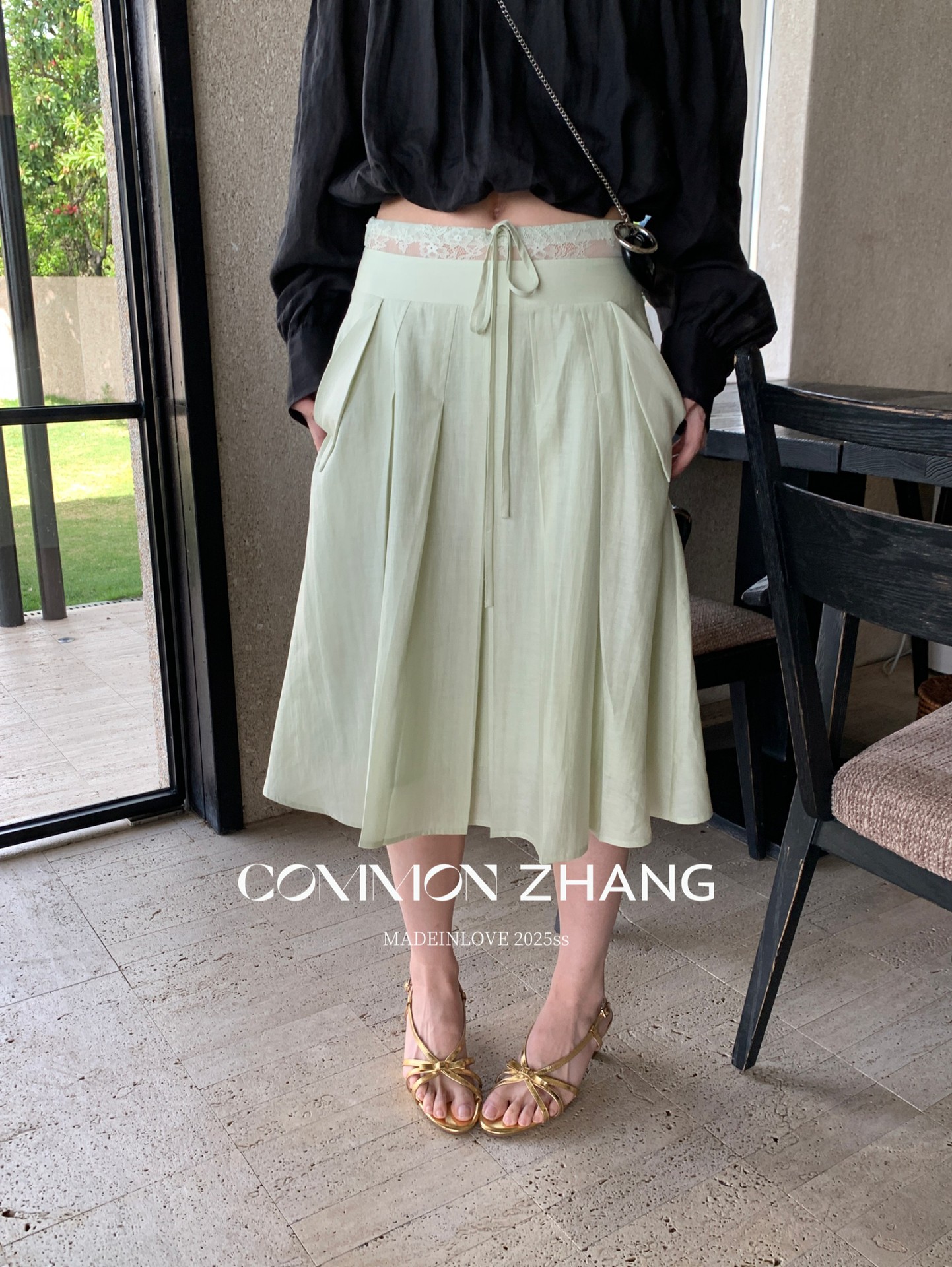 CZ ZHANG Summer French lace-up waist Tencel solid color low-waist A-line pleated skirt B22859 pic 9