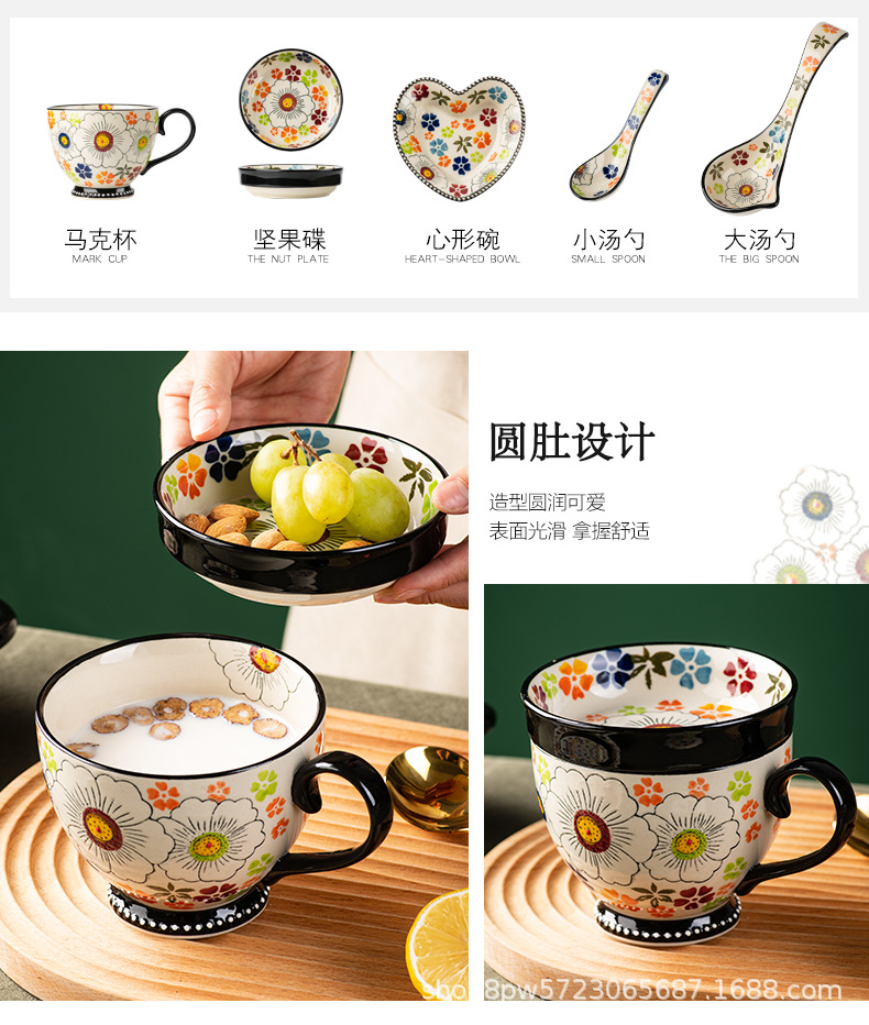 邦成陶瓷碗碟套装家用饭碗菜盘盘子餐具复古双耳碗面碗汤碗大碗详情22