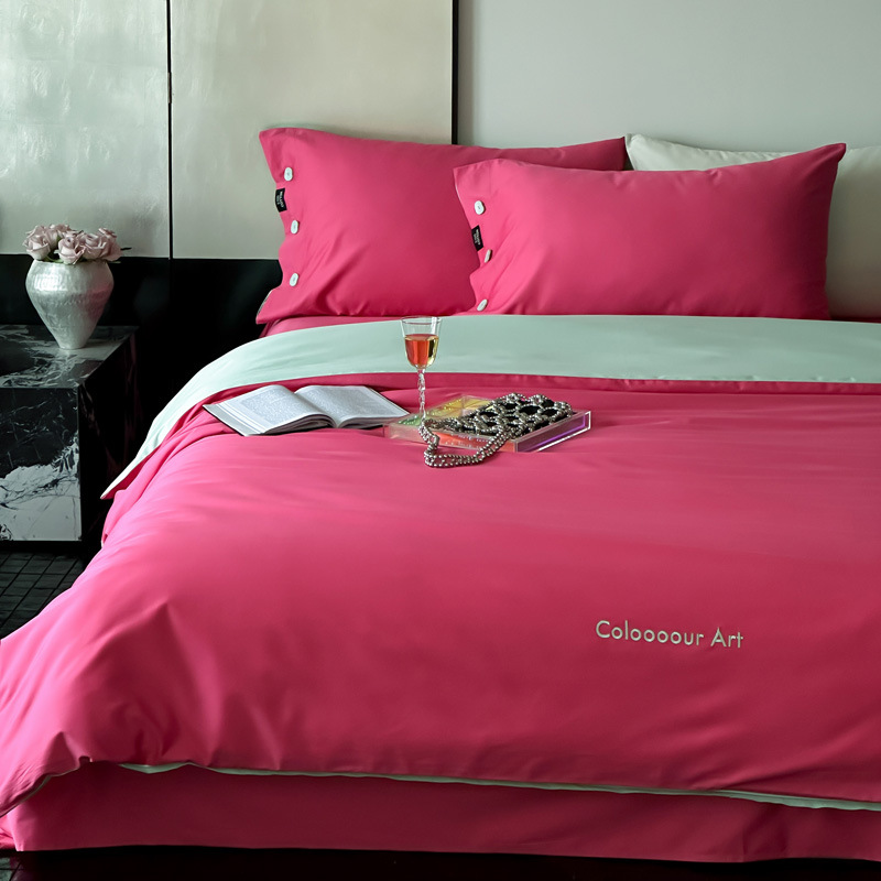 Simple, light luxury and fashionable solid-color long-staple cotton four-piece set, pure cotton letter-embroidered duvet cover, double bedding pic 72