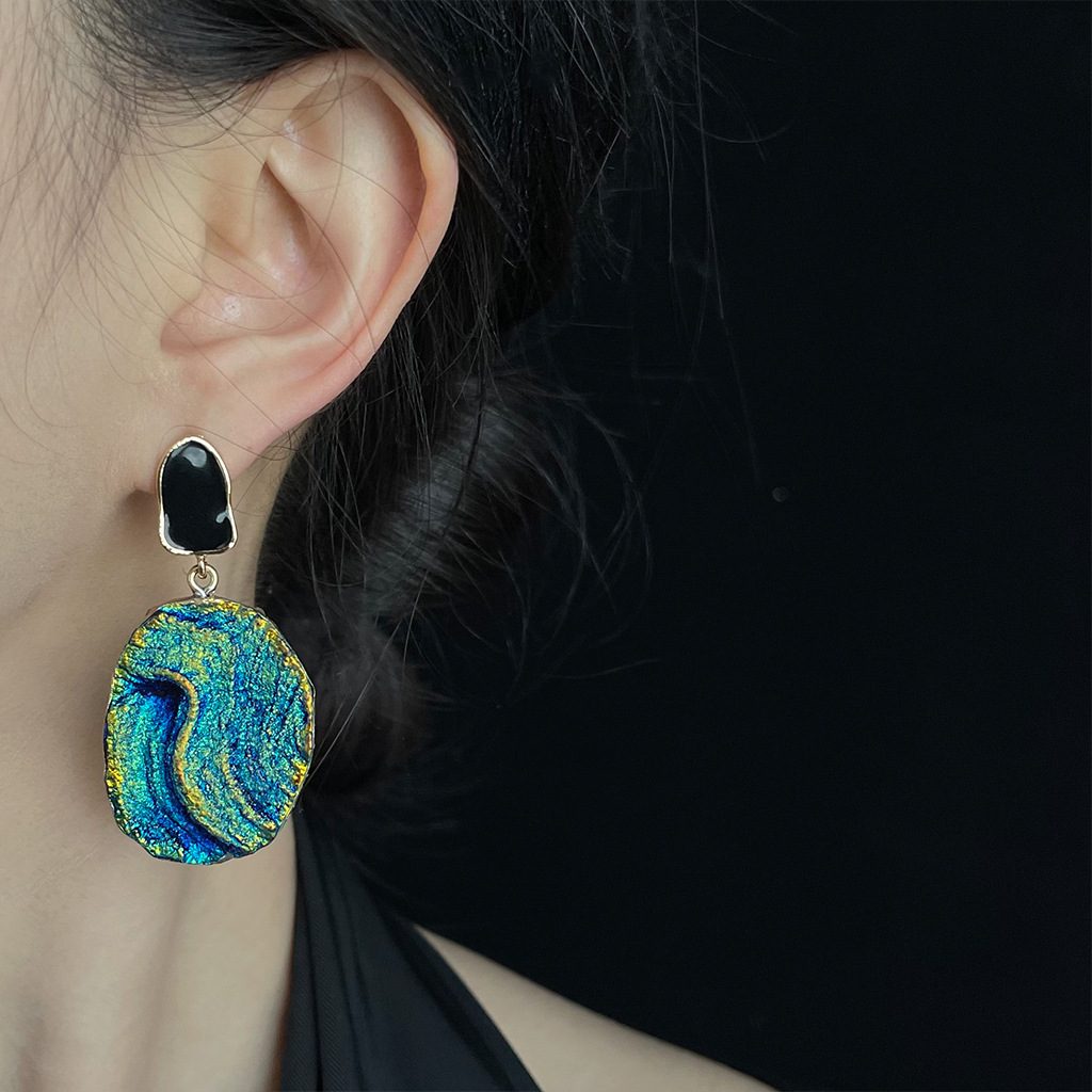 Vintage Light Middle Age [Xisha Islands] Retro blue and gold earrings, high-end vintage exaggerated earrings pic 13