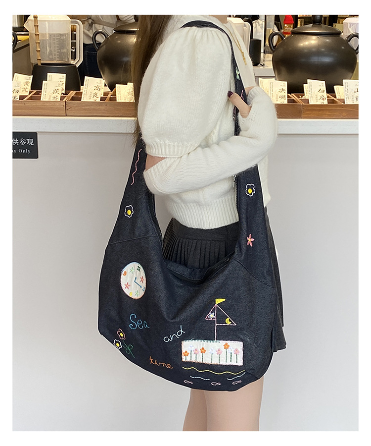 ins新款小插画牛仔斜挎包包女百搭大容量单肩包袋口拉链学生书包详情15