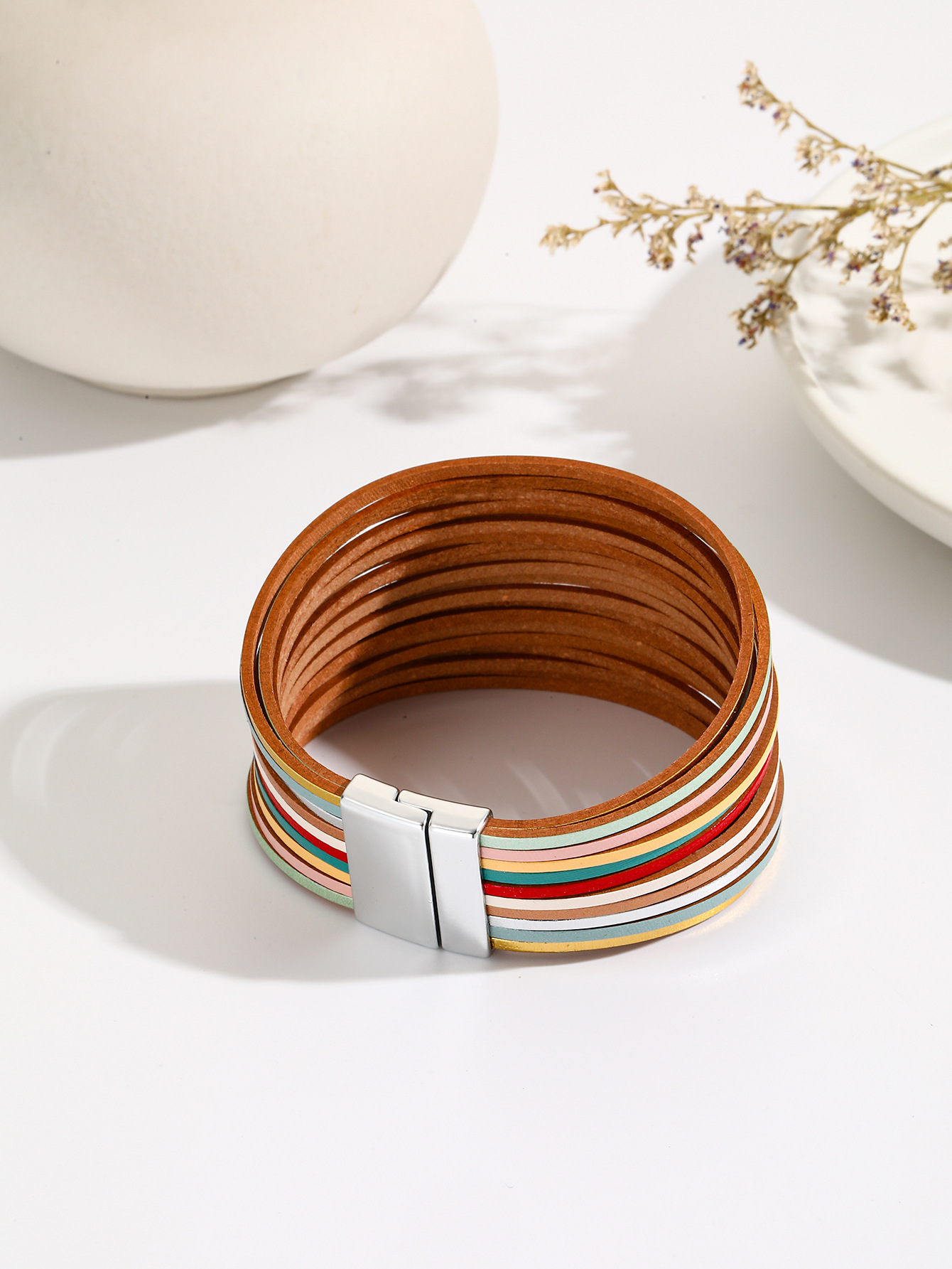 新款亚马逊多条渐变男手环皮绳混色百搭女士PU皮革皮手链磁扣手镯详情38