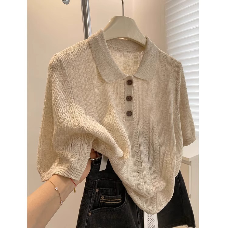 法式亚麻冰丝翻领针织短袖T恤女2025夏季气质百搭修身polo衫上衣详情2