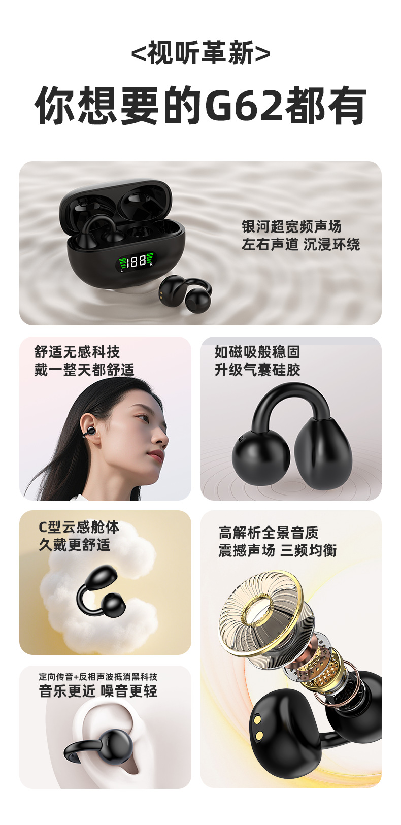 2025 Wireless non-in-ear Bluetooth Headphones with bone conduction sports technology, ear clip type, ultra-long battery life, noise cancellation and intelligence pic 2