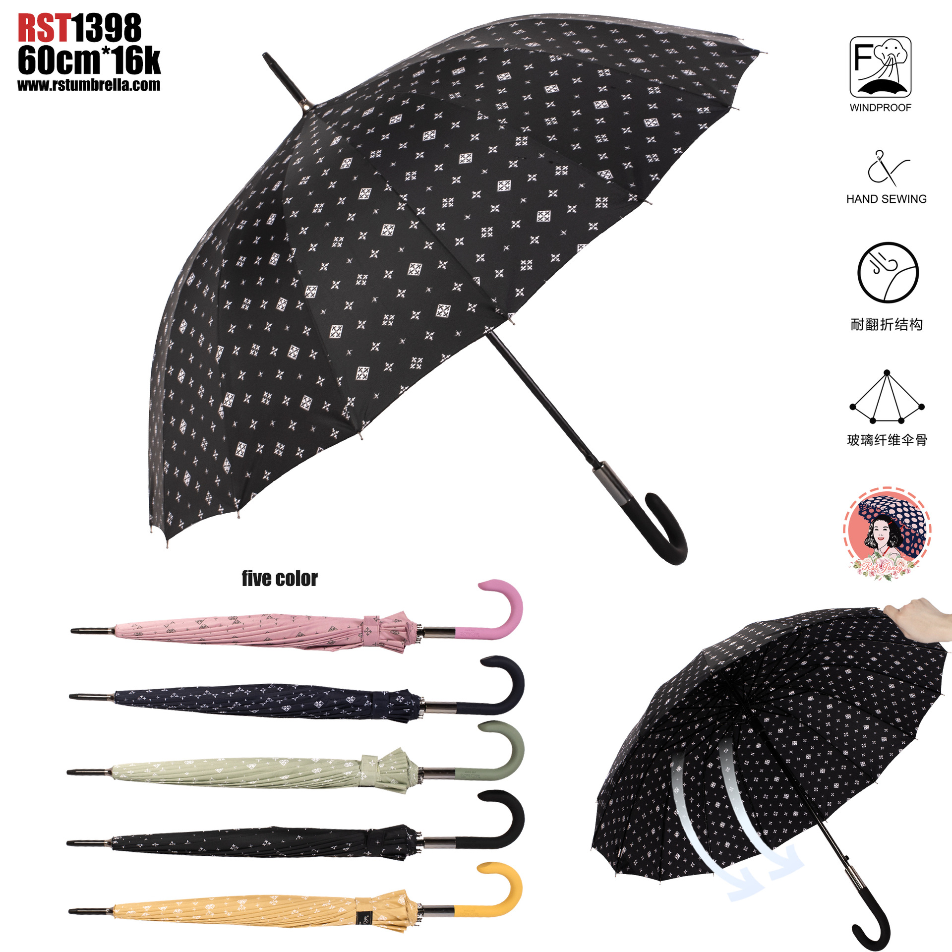 23寸16骨长伞彩色印花图案小碎花欧洲雨伞出口外贸货详情15