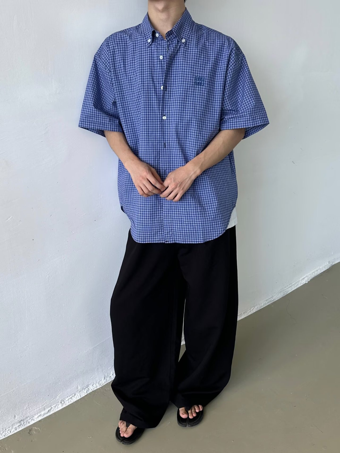 cleanfit blue checkered shirt for men, short-sleeved summer five-quarter sleeve shirt, a trendy brand with a high-end look pic 10