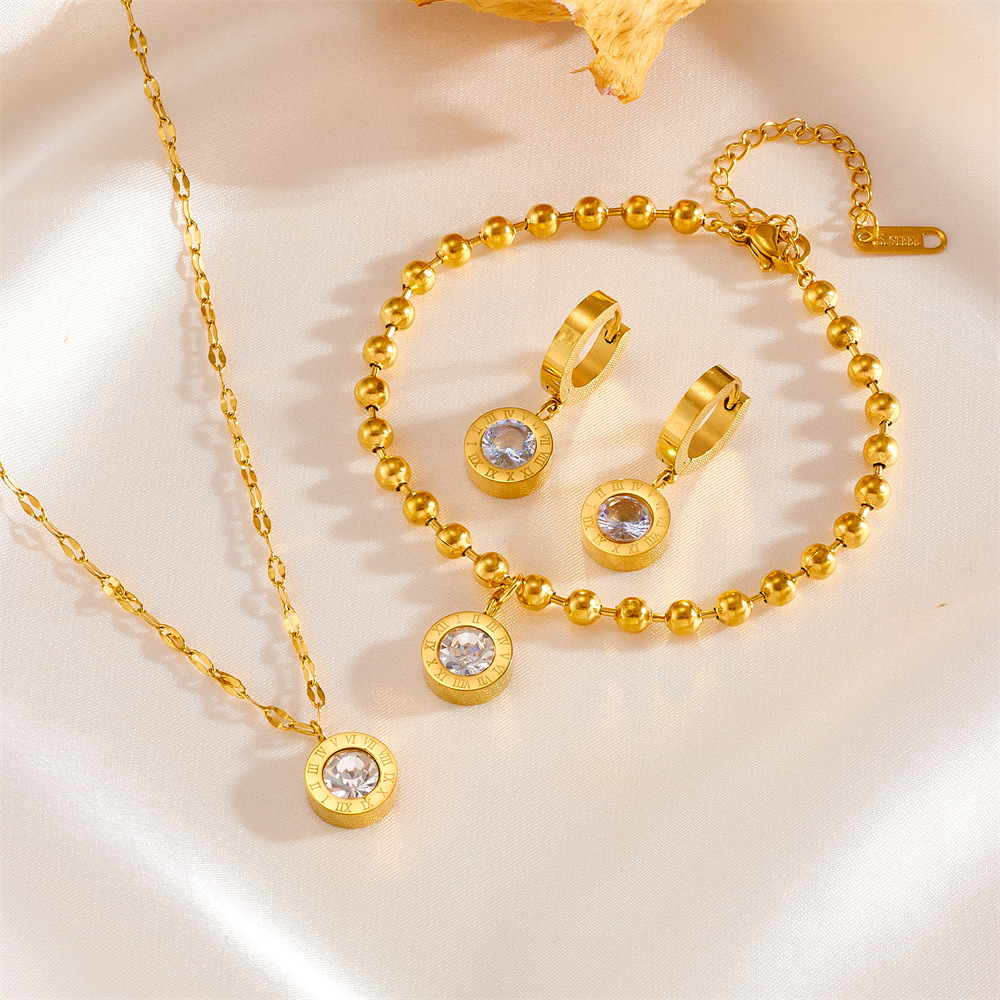 跨境时尚罗马套装不锈钢保色项链手链耳扣简约钛钢不掉色罗马首饰套装详情2