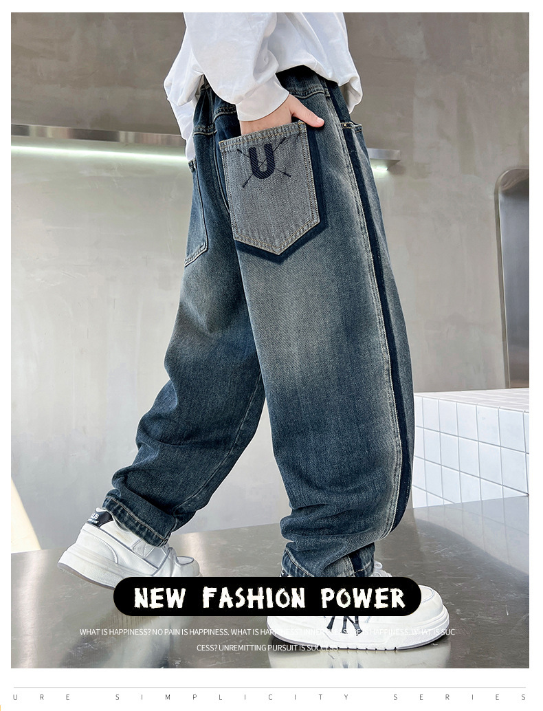 男童裤子秋冬款2024新款中大童直筒帅气男孩儿童冬装加绒牛仔裤冬详情1