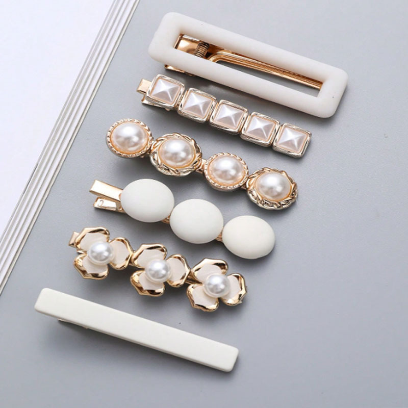 跨境新款简约可爱珍珠发夹套装水钻侧边夹少女一字夹发卡发饰批发详情2