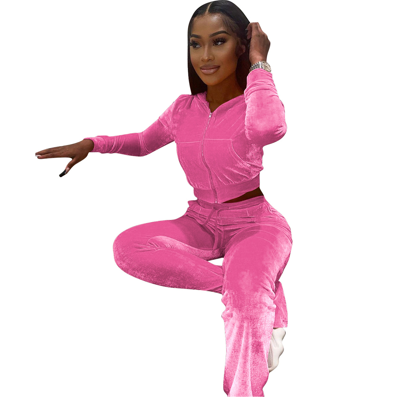 Solid color gold velvet wide-leg pants two-piece set pic 185