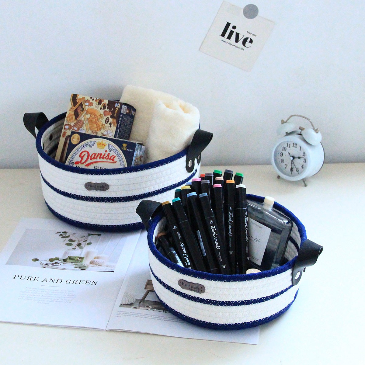 Round cotton rope woven storage basket with leather handle, InS-style desktop storage basket, cosmetics and toys storage box, Nordic style pic 8