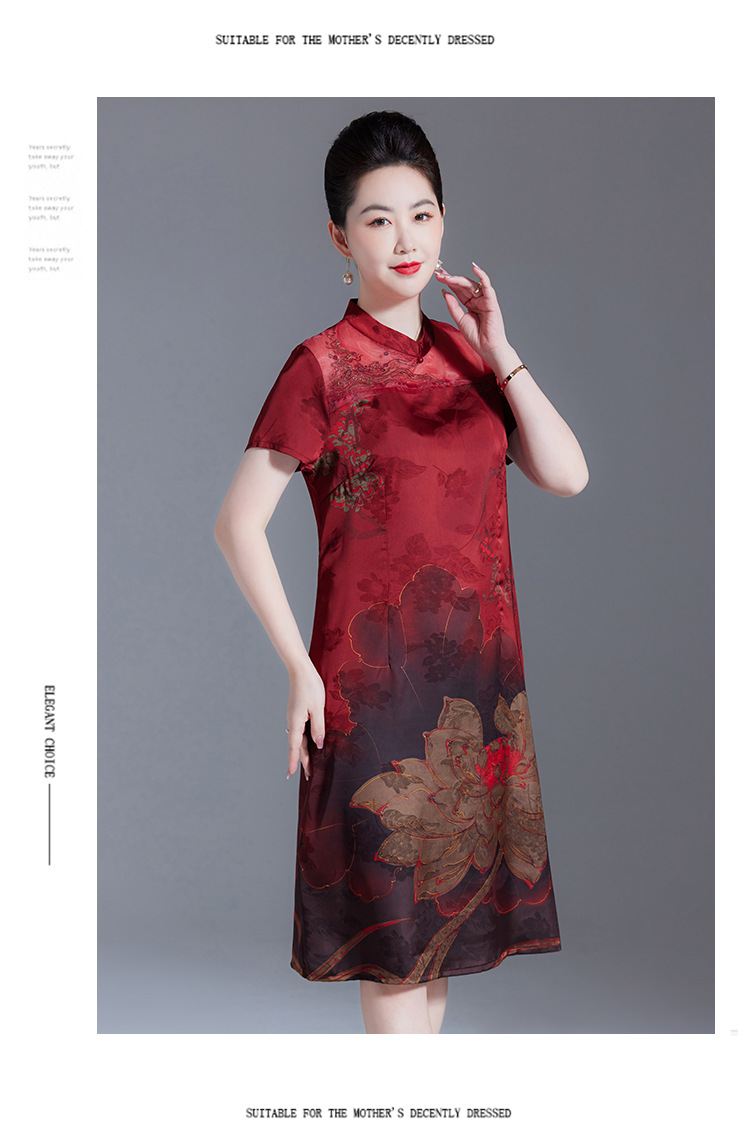 真丝连衣裙2024夏季新款桑蚕丝短袖新中式旗袍领中长裙中年妈妈裙详情13
