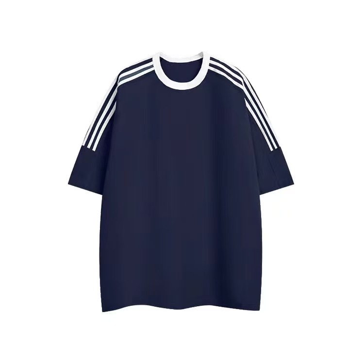 New 220g classic American three-bar pure cotton T-shirt for men, summer casual retro loose round-neck trendy short-sleeved pic 18