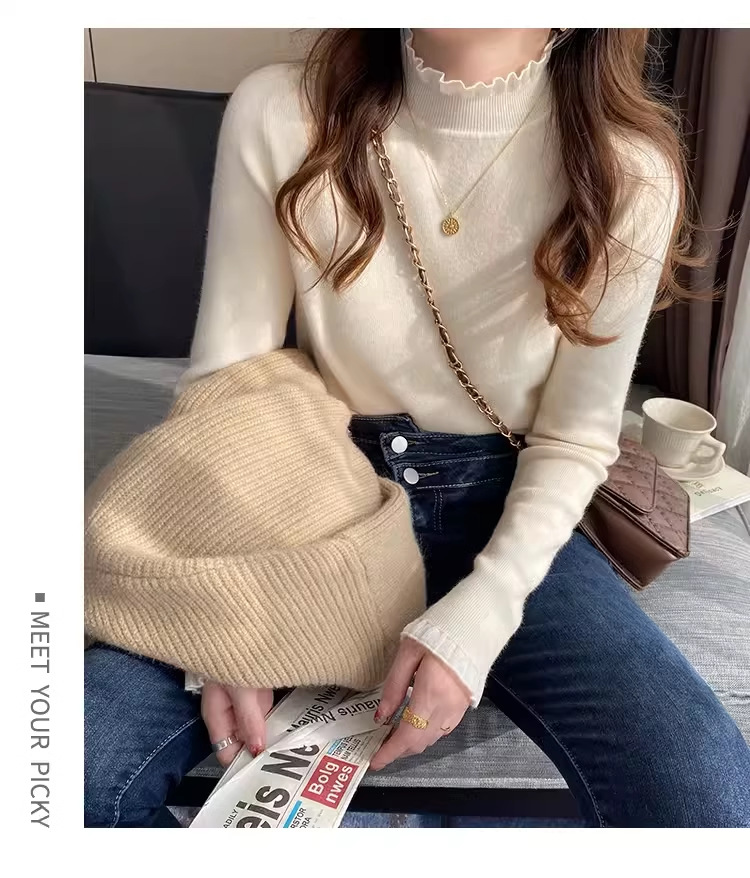 一件代发加绒加厚半高领内搭打底衫女秋冬长袖针织上衣蕾丝边毛衣详情8