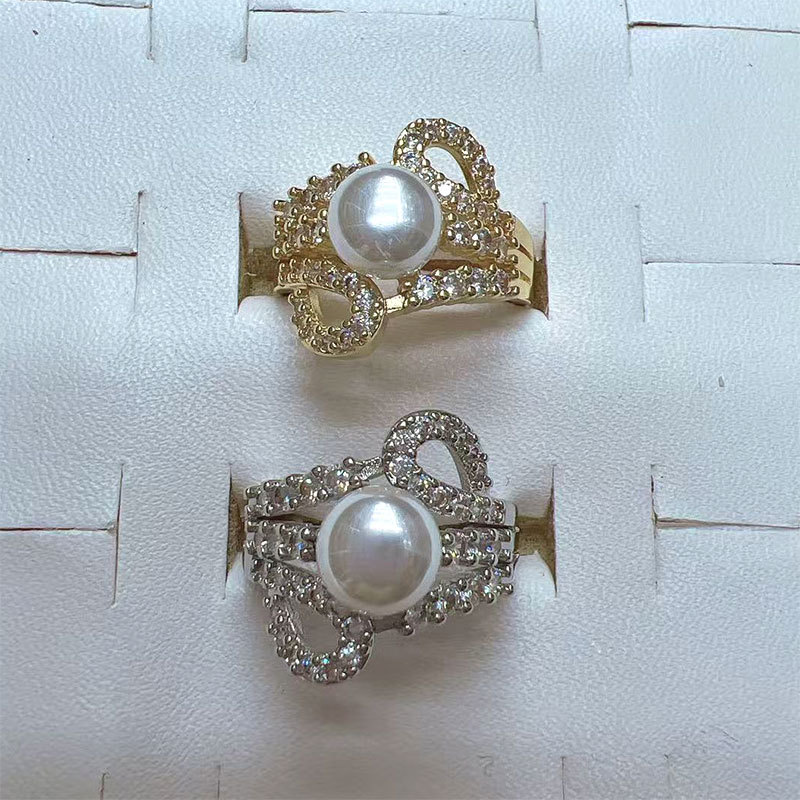 Korean high-end pearl ring, light luxury and niche design, geometric diamond-encrusted round bead, cold style open ring for women pic 1