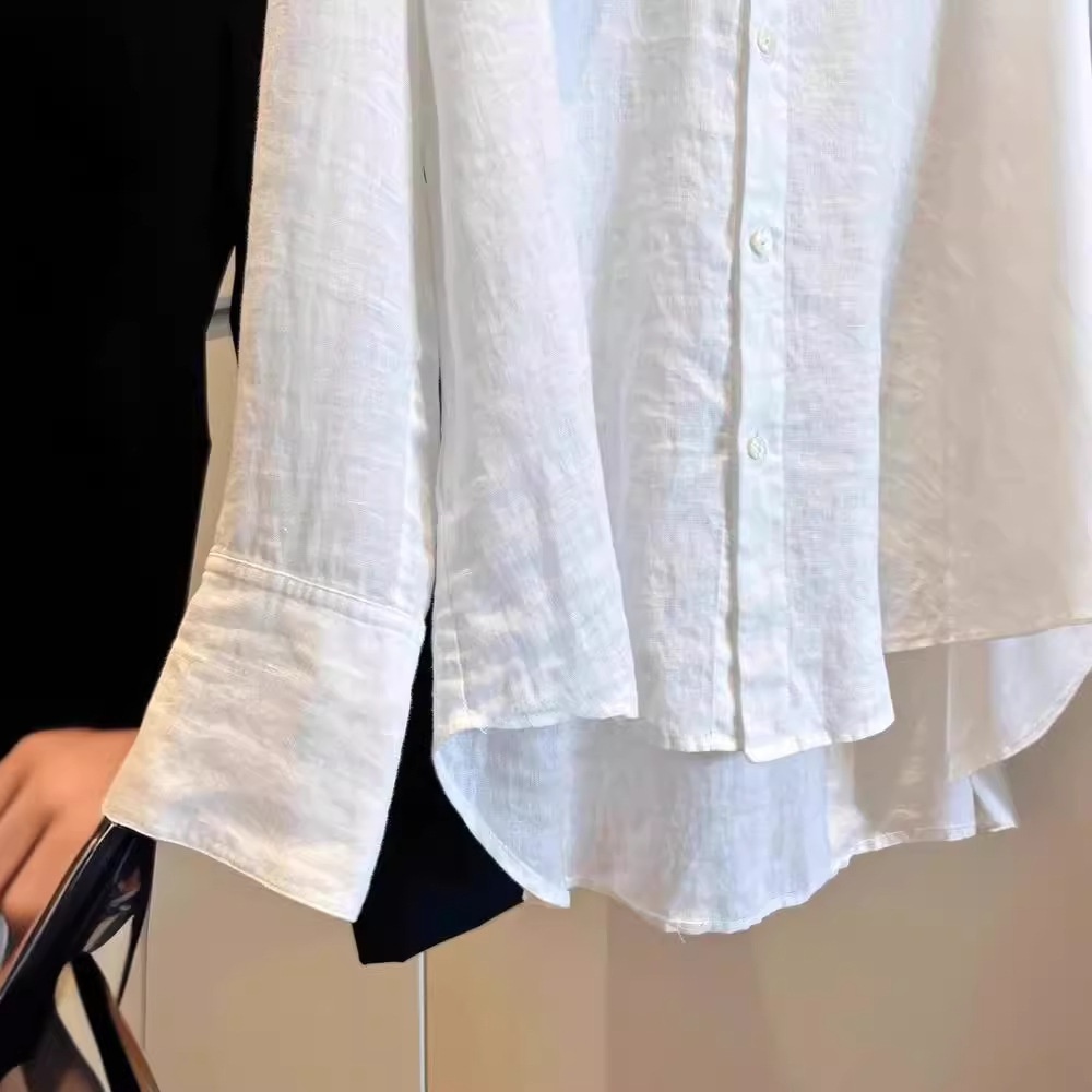 法式白色棉麻防晒衬衫女夏季薄款设计感小众长袖衬衣天丝亚麻上衣详情5