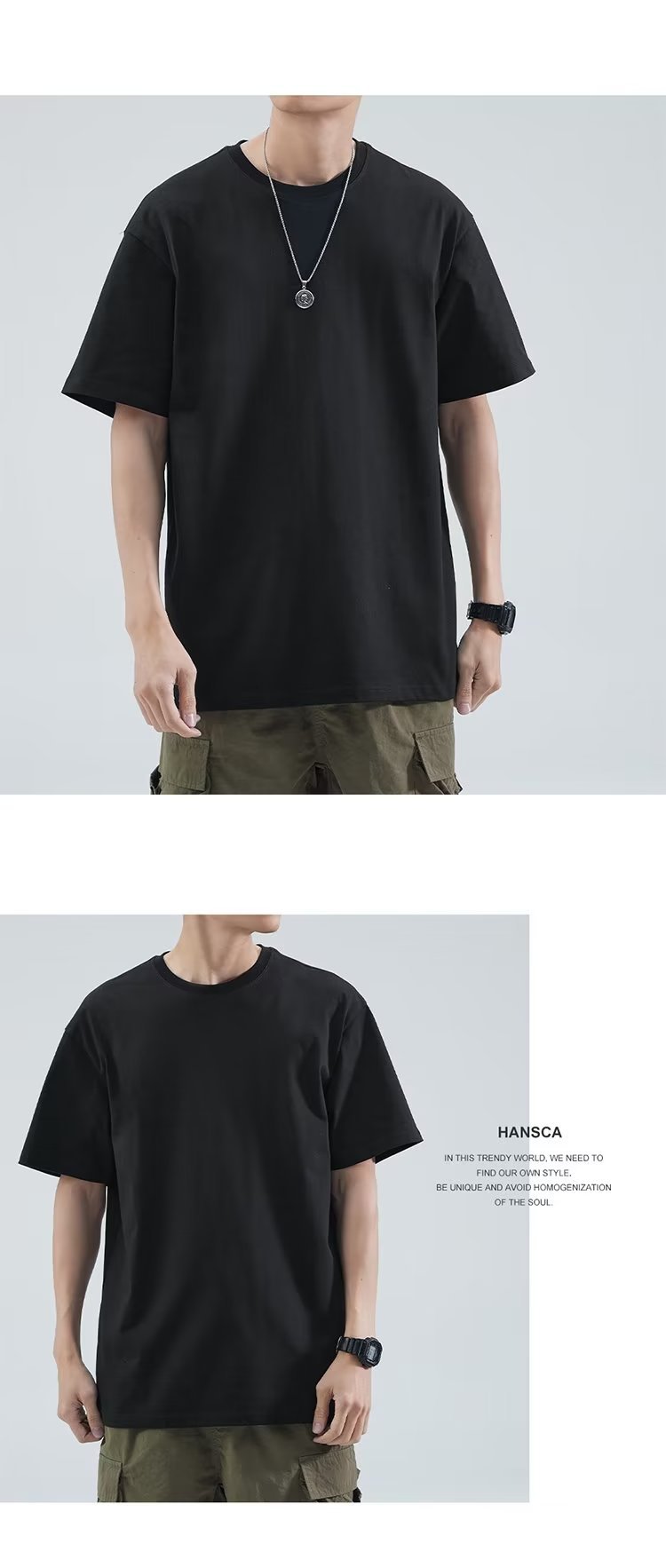 港风短袖t恤男士夏季宽松大码男装潮牌白色体恤简约百搭纯色半袖详情5