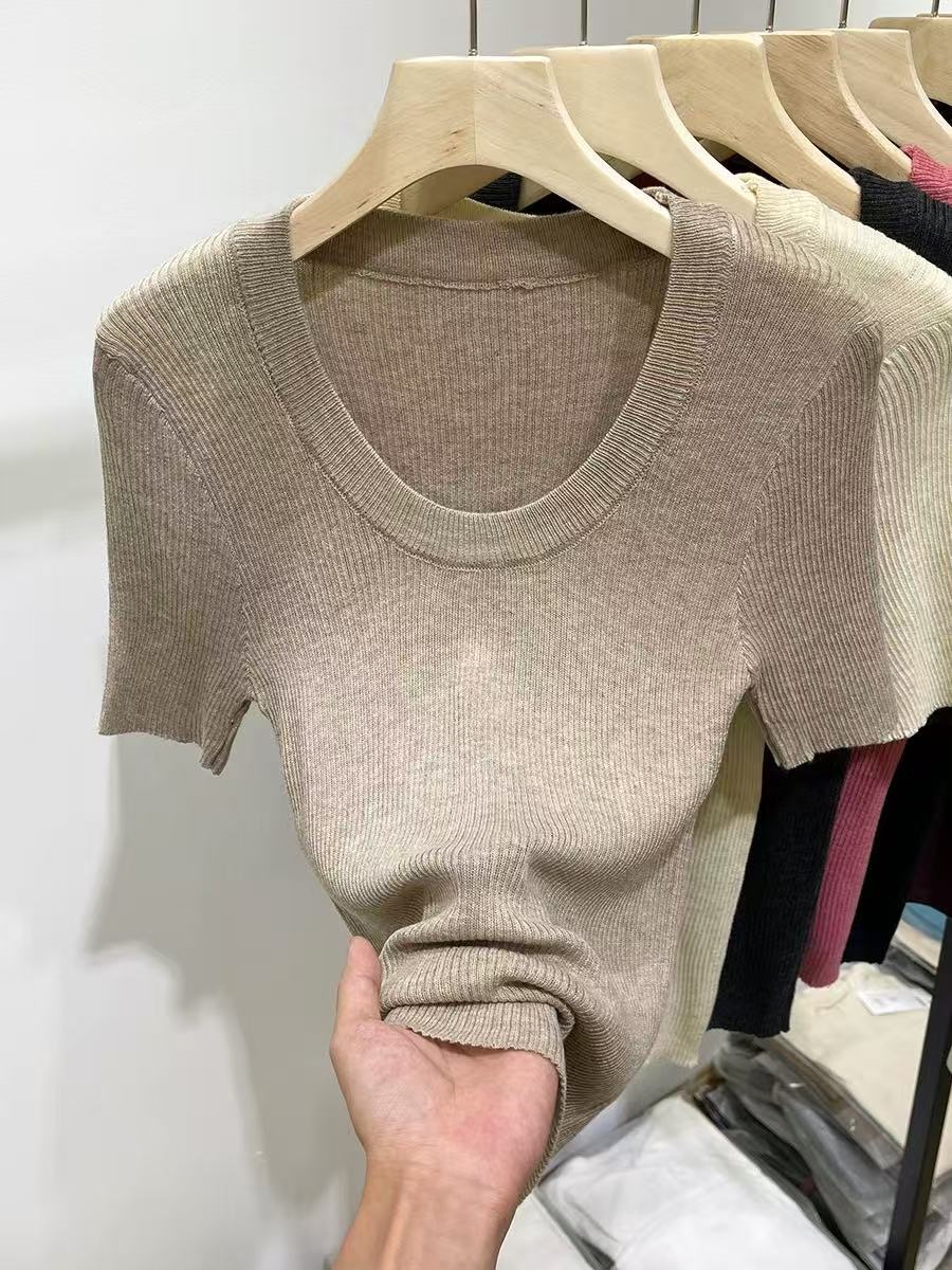In 2025, a Korean-style U-neck off-the-shoulder knitted short-sleeved sweater for women, a thin solid color versatile spring short top for women pic 5