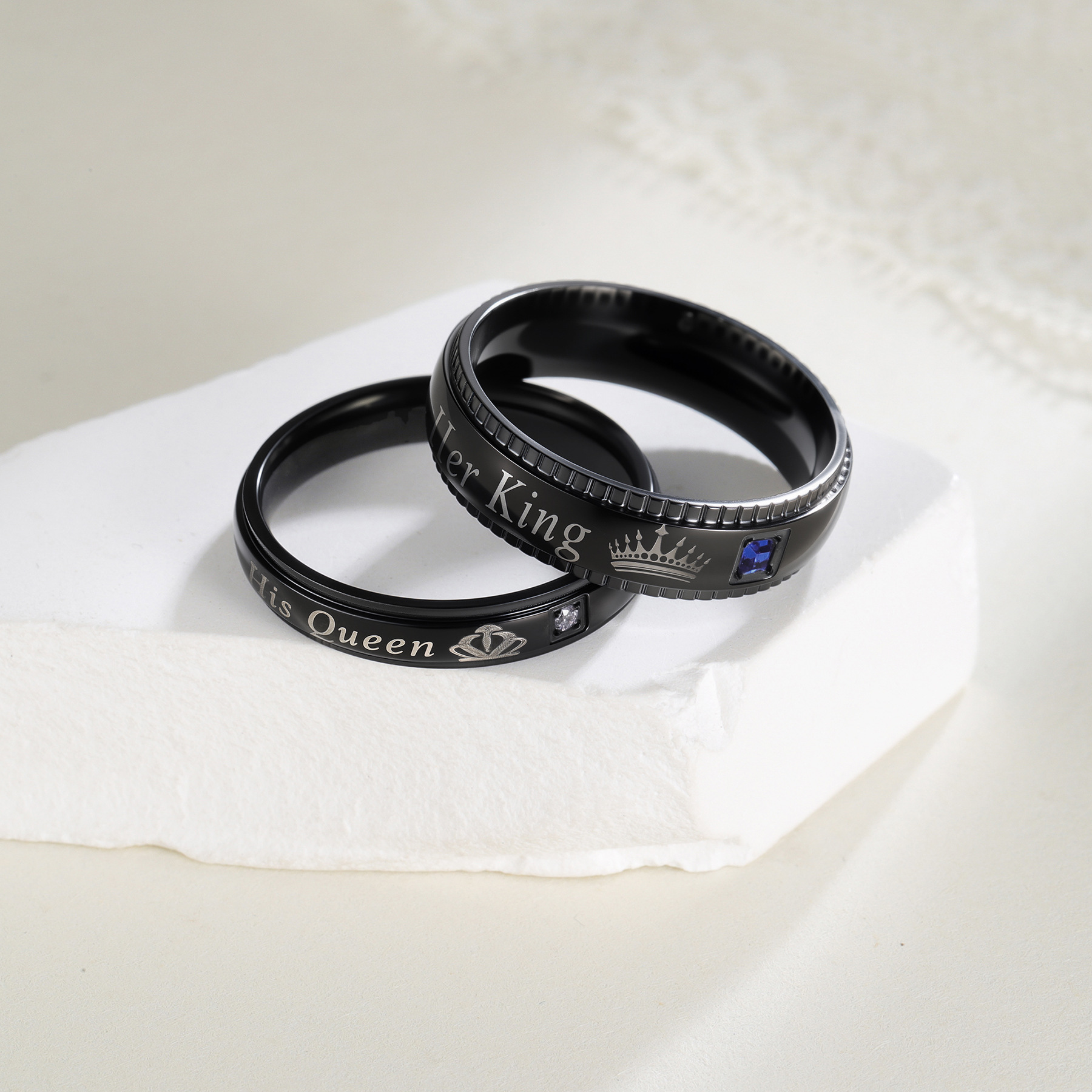 跨境temu新款HerkingHisQueen皇冠女王钛钢黑色情侣戒指情侣指环详情4