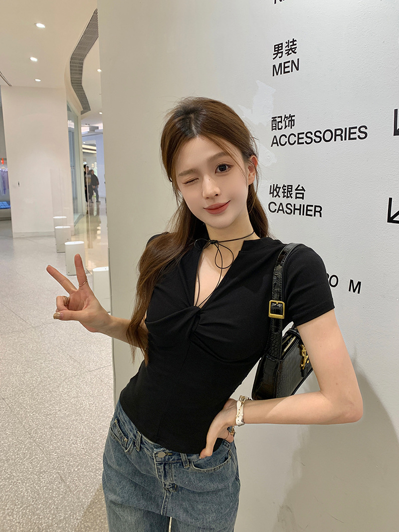 雅姿欣设计感白色短袖T恤两穿修身辣妹百搭显瘦内搭上衣女一字肩详情21