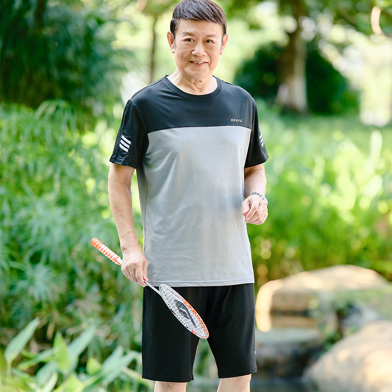 夏季中老年圆领宽松爸爸装短袖棉T恤运动套装男老人薄款衣服批发详情23