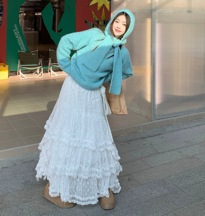 白色重工蕾丝拼接不规则网纱半身裙女秋冬高级感蛋糕裙大摆长裙子详情1