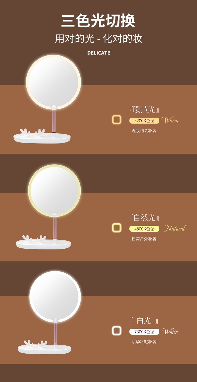 跨境智能梳妆镜化妆镜led灯台式鹿角支架宿舍镜子美妆镜补光灯详情6