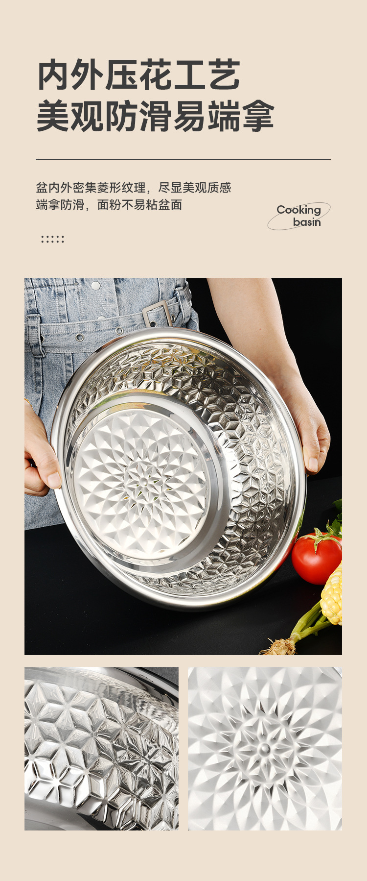 菱花盖盆新打蛋盆不锈钢料理盆加厚多功能菱花压花和面盆电磁炉详情5