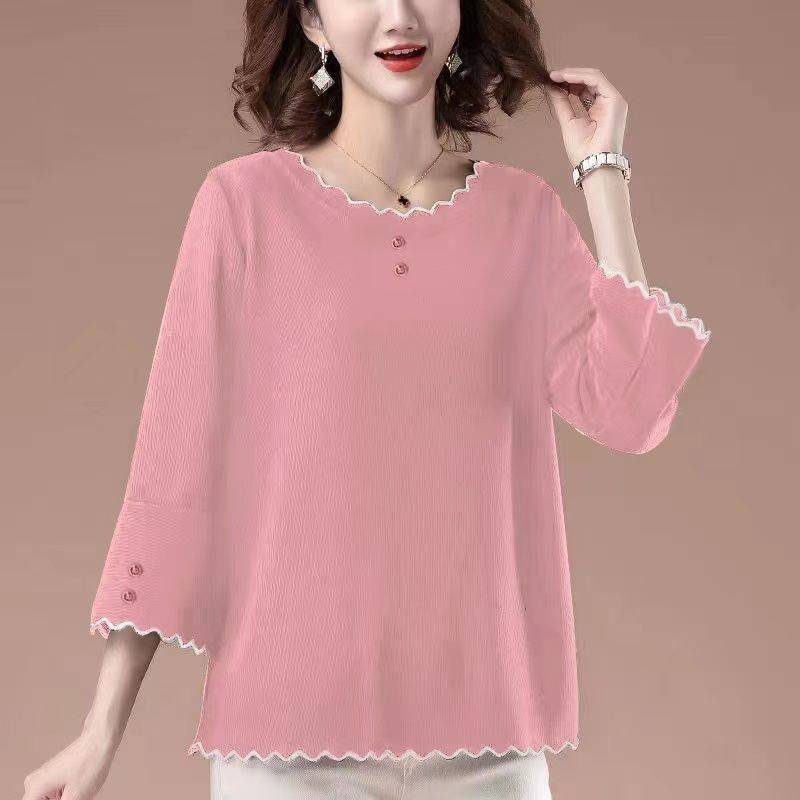 高品质清凉冰丝女夏季上衣宽松大码韩版中年妈妈装7分袖T恤打底衫详情8