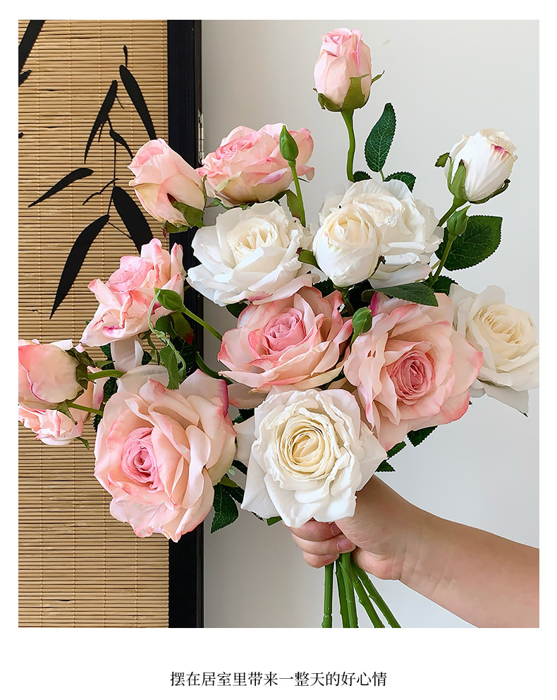 法式油画焦边3头玫瑰花仿真花干花假花花束摆设客厅装饰拍照道具详情10