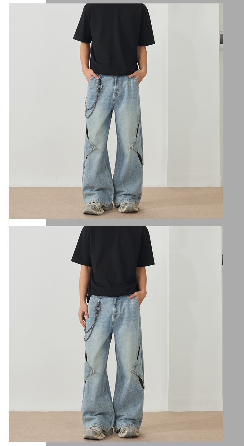 LKTM男装#春夏新款镂空破洞牛仔裤男女设计感宽松阔腿直筒长裤子详情10