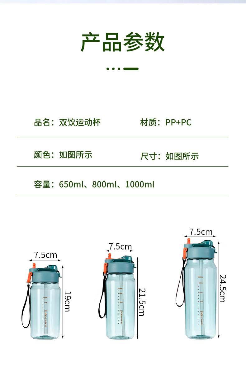 新款夏天大容量双饮口吸管杯男女学生运动水杯便携随手杯新潮彩色详情12